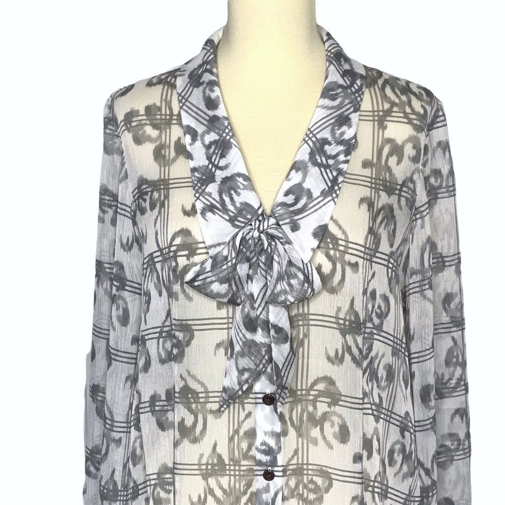 Pendleton Bow Button Front Semi Sheer Gray White … - image 4
